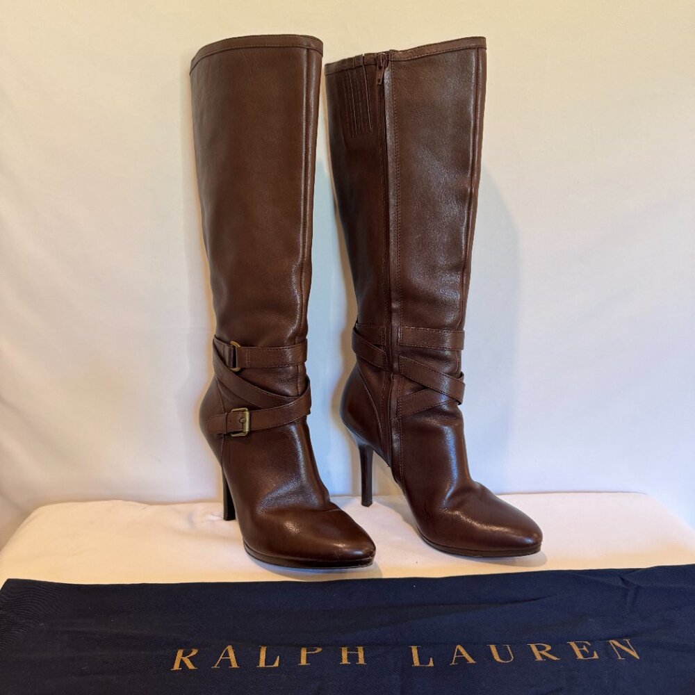 RALPH LAUREN LAVEDA BROWN LEATHER KNEE-HIGH BOOTS